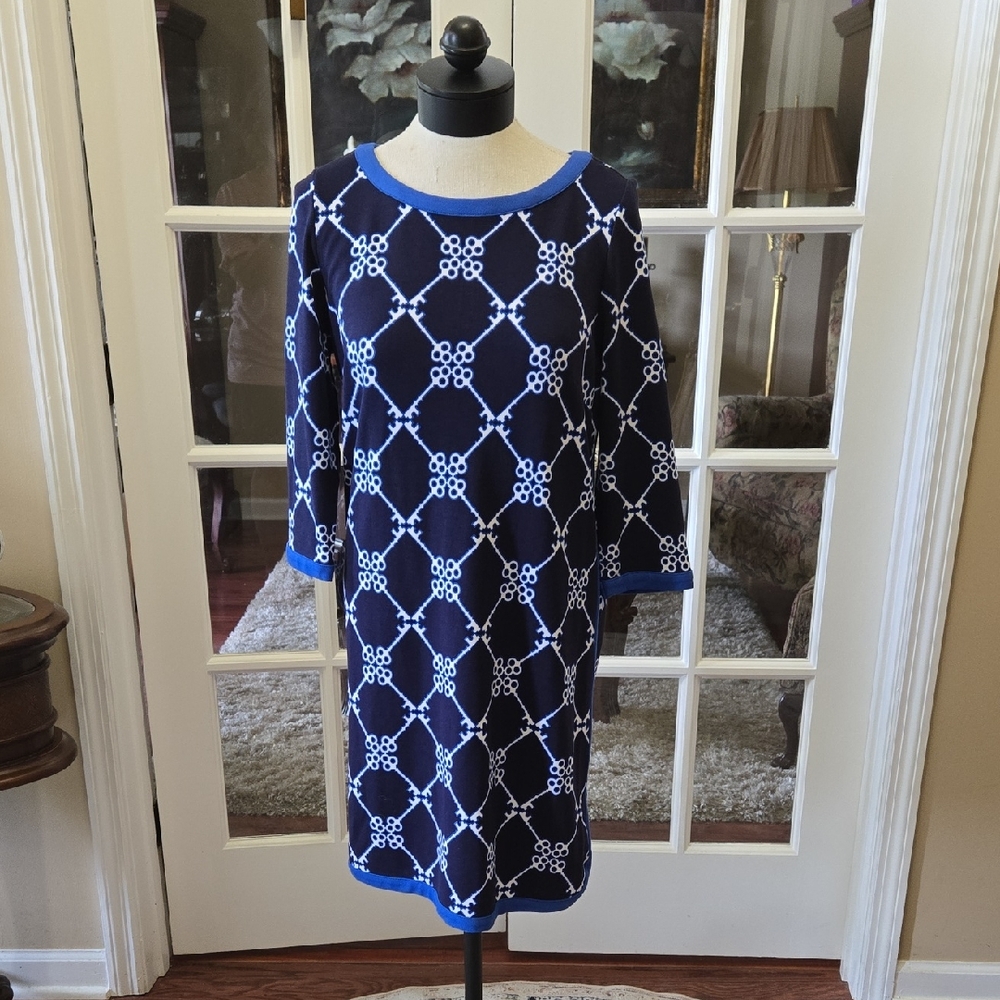 Crown & Ivy Navy White Blue Sheath Dress 3/4 Sleeve Round Neck Exposed Zip M NEW